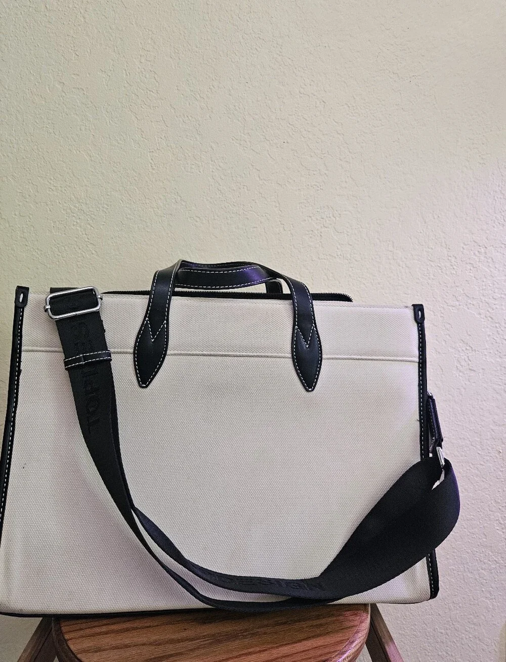 Top design Canvas Laptop Tote Bag in Cream with Black Trim
